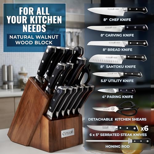 Cutluxe 15-Piece Knife Set – High Carbon German Steel Blades, Full Tang Design & Ergonomic Pakkawood Handles in Walnut Wood Block – Artisan Series - Image 2