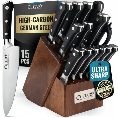 Cutluxe 15-Piece Knife Set – High Carbon German Steel Blades, Full Tang Design & Ergonomic Pakkawood Handles in Walnut Wood Block – Artisan Series - Image 1