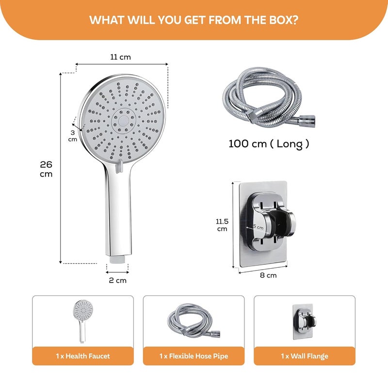 MIORAH 5 Function Hand Shower for Bath with 1m Tube & Wall Hook | Anti-Clog Silicone Nozzels with High Pressure | Handshower for Bathroom | Silver- Full Set - Image 2