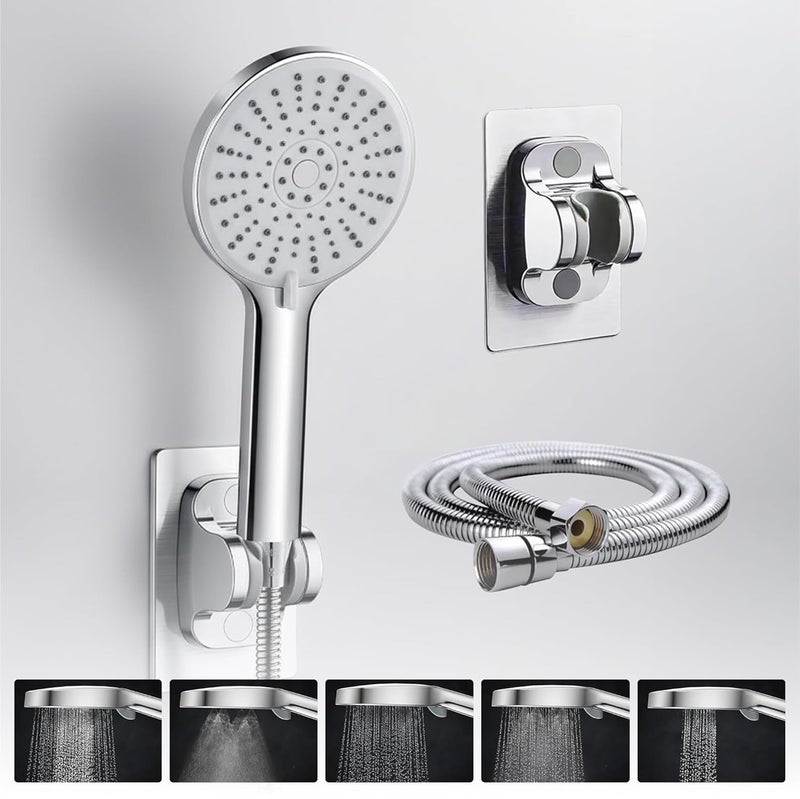 MIORAH 5 Function Hand Shower for Bath with 1m Tube & Wall Hook | Anti-Clog Silicone Nozzels with High Pressure | Handshower for Bathroom | Silver- Full Set - Image 1