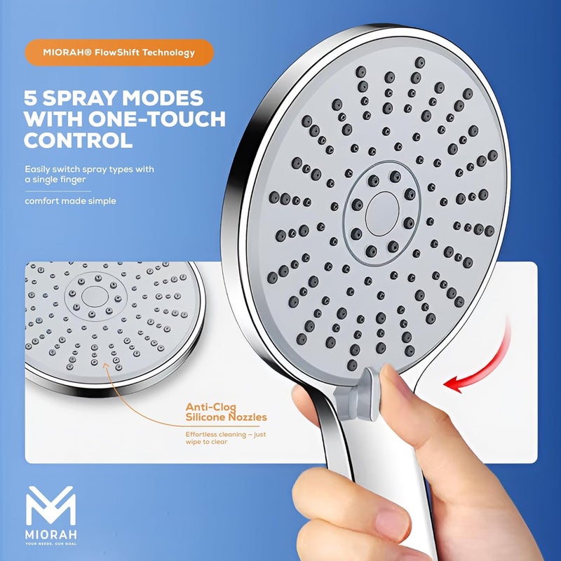 MIORAH 5 Function Hand Shower for Bath with 1m Tube & Wall Hook | Anti-Clog Silicone Nozzels with High Pressure | Handshower for Bathroom | Silver- Full Set - Image 5