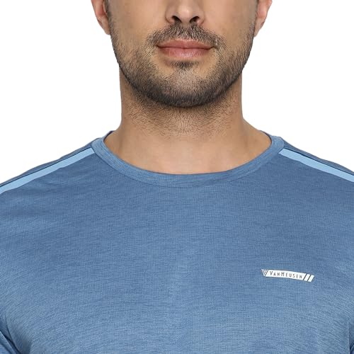 Van Heusen Men's Solid Regular Fit T-Shirt (61005_Dusk Blue_M) - Image 3