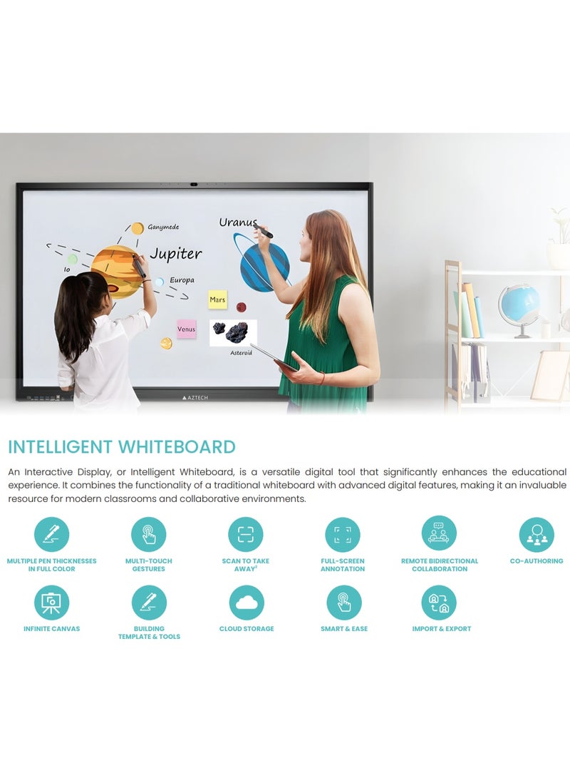 Aztech 75 Inch 4K UHD Interactive Smart Board Display | Android 14 Touch Screen Monitor | Octa Core A55 Processor | 8GB RAM 128GB Storage | 40 Point Multi-Touch Digital Whiteboard | Wi-Fi 6 Smart Classroom Display | 48MP AI Camera | Built-in Speakers 20W x2 + 20W Subwoofer | Wireless Screen Share BYOM | Google Play Store Smart Teaching Display | Interactive Flat Panel for School, Office Meeting Room, Conference Presentation Monitor - Image 4