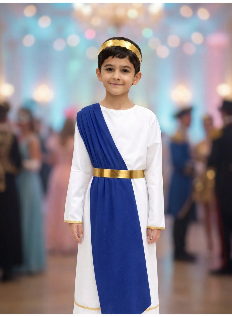 زي تنكري روماني للأطفال ، طقم القيصر 4 قطع (تونيك بوشاح أزرق، حزام ذهبي، وإكليل رأس) - للأعمار من 2 إلى 14 سنة - Image 5
