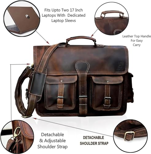 cuero حقيبة رسائل جلدية للرجال، حقيبة لابتوب 14 بوصة، حقيبة كتف للرجال، حقيبة ساتشيل جلدية يدوية الصنع بتصميم عتيق، حقيبة عمل جلدية كاملة الحبة، حقيبة كتف للمكتب/العمل/السفر - بني - Image 2