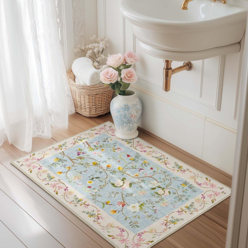 jinchan Floraison Floral Entryway Rug 2x3 Soft Washable Rugs Non Slip Low Pile Door Mat Indoor Enterance Small Chinoiserie Flower Lightweight Boho Throw Carpet for Bedroom Bathroom Entry Blue/Pink - Image 1
