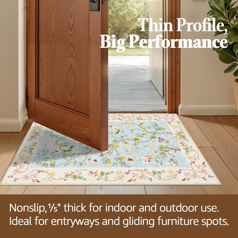jinchan Floraison Floral Entryway Rug 2x3 Soft Washable Rugs Non Slip Low Pile Door Mat Indoor Enterance Small Chinoiserie Flower Lightweight Boho Throw Carpet for Bedroom Bathroom Entry Blue/Pink - Image 4