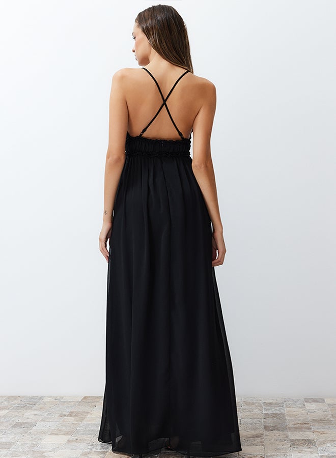 Black A-Line Woven Chiffon Long Evening Dress TPRSS24AE00058