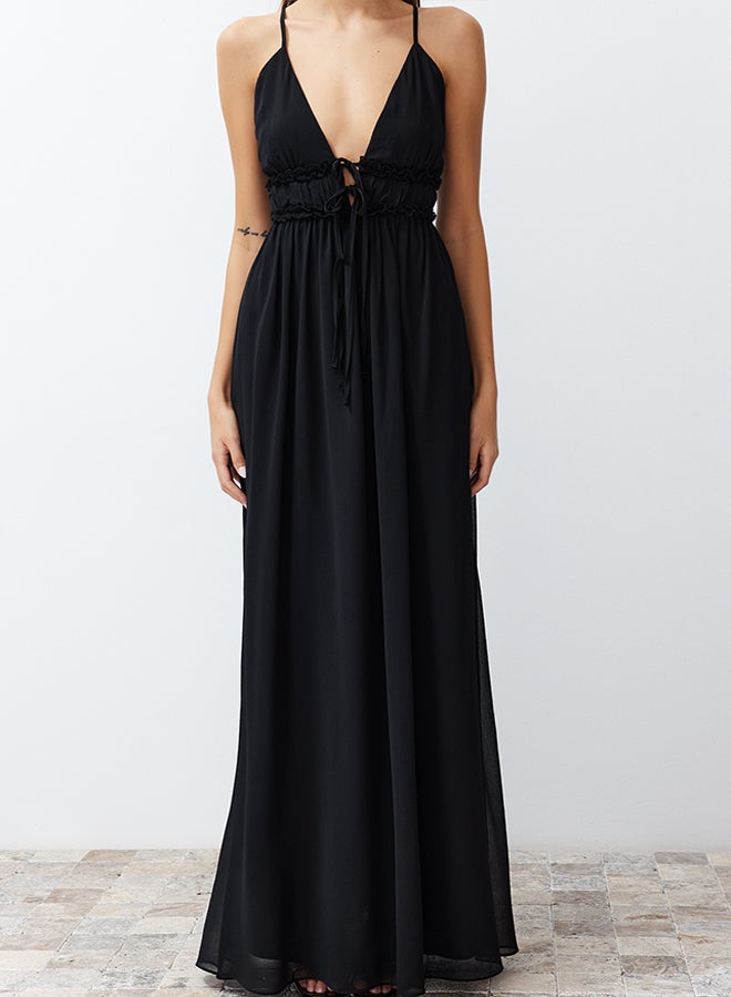 Black A-Line Woven Chiffon Long Evening Dress TPRSS24AE00058
