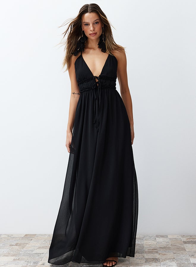 Black A-Line Woven Chiffon Long Evening Dress TPRSS24AE00058