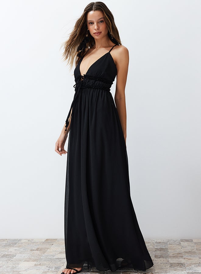 Black A-Line Woven Chiffon Long Evening Dress TPRSS24AE00058