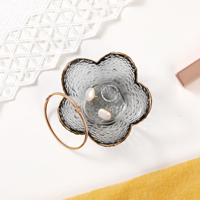 Binoster Grey Flower Jewelry Dish Glass Ring Dish Jewelry Tray Cute Vanity Organizer Room Decor Aesthetic Nightstand Bathroom Decor Trinket Dish Ring Holder Dish House Warming Gifts Stocking Stuffers for Women - Image 5