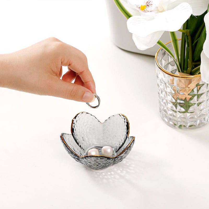 Binoster Grey Flower Jewelry Dish Glass Ring Dish Jewelry Tray Cute Vanity Organizer Room Decor Aesthetic Nightstand Bathroom Decor Trinket Dish Ring Holder Dish House Warming Gifts Stocking Stuffers for Women - Image 3