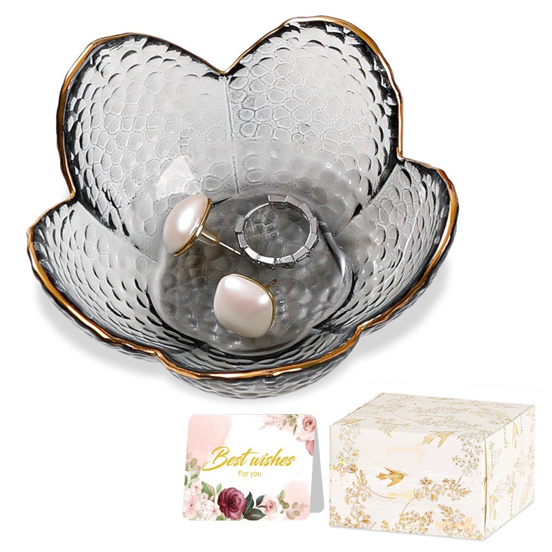 Binoster Grey Flower Jewelry Dish Glass Ring Dish Jewelry Tray Cute Vanity Organizer Room Decor Aesthetic Nightstand Bathroom Decor Trinket Dish Ring Holder Dish House Warming Gifts Stocking Stuffers for Women - Image 1