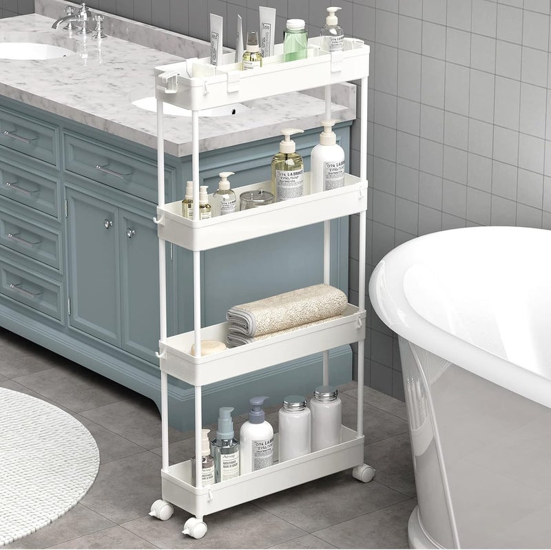 SPACELEAD SAKA Slim Storage Cart,4 Tier Bathroom Rolling Utility Cart Storage Organizer Slide Out Cart, Mobile Shelving Unit Organizer Trolley for Office Bathroom Kitchen Laundry Room Narrow Places, White - Image 1