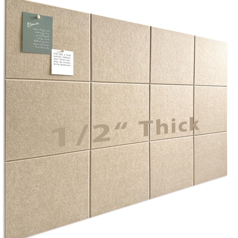 AkuDecor Large Cork Board for Office Wall Decor,48"x36"-12 Pack Felt Wall Tiles with Safe Removable Adhesive Tabs, 1/2" Thick, Felt Bulletin Board Pin Board Cork Boards for Walls - Tan - Image 1