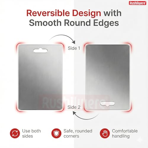 RUSHIL WERE 35 x 25 cm Rectangle Stainless Steel Chopping Board for Kitchen | Reversible | for Cutting Vegetables, Meat,Fish,Fruits | X-Large - Image 2