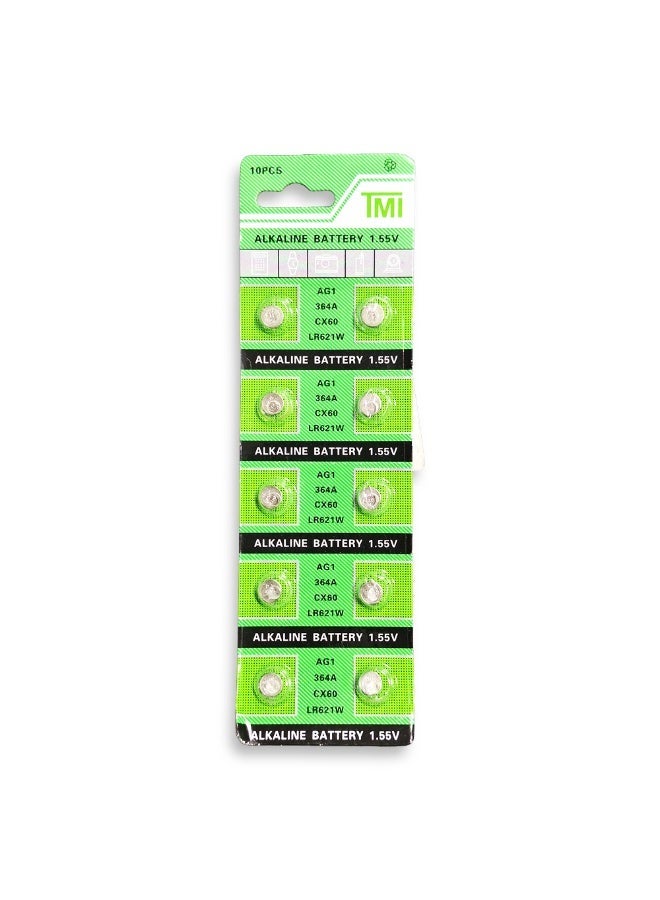 TMI Button Alkaline Batteries 10pcs Alkaline Coin Cell Batteries 1.55V | LR621W , AG1 - Non Rechargeable Batteries for Watches, Toys, and Remote Controls, Compact Battery Size, Durable Battery - Image 1