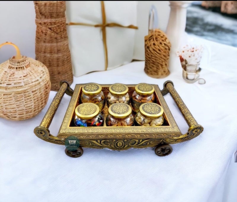 Handicrafts Handicrafts Wooden Tray and Jar Set for Dry Fruit Wedding Return Gift Wooden Dry Fruit Tray with Handle Golden Empty Dry Fruit Box  - Image 4