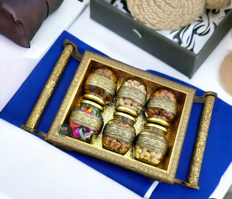 Handicrafts Handicrafts Wooden Tray and Jar Set for Dry Fruit Wedding Return Gift Wooden Dry Fruit Tray with Handle Golden Empty Dry Fruit Box  - Image 5