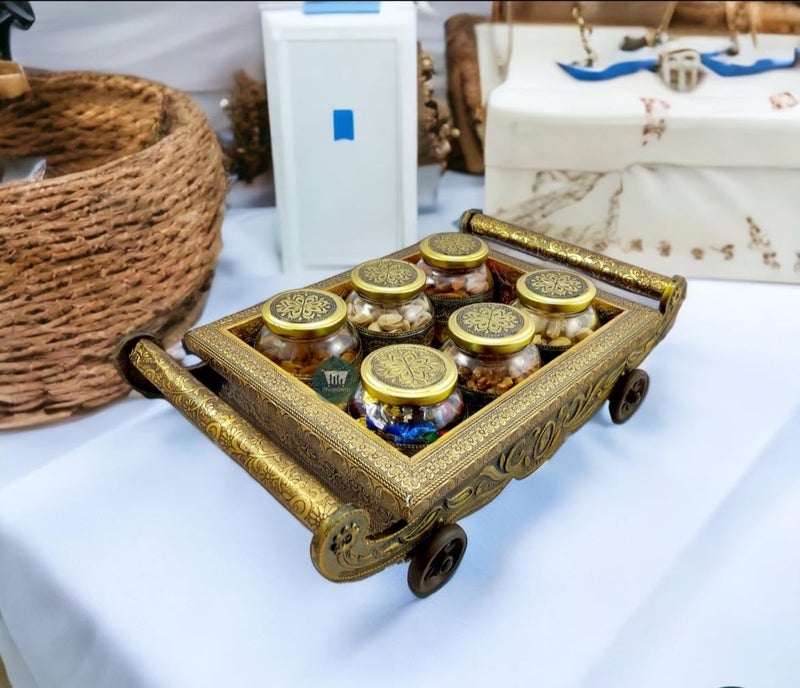 Handicrafts Handicrafts Wooden Tray and Jar Set for Dry Fruit Wedding Return Gift Wooden Dry Fruit Tray with Handle Golden Empty Dry Fruit Box  - Image 1