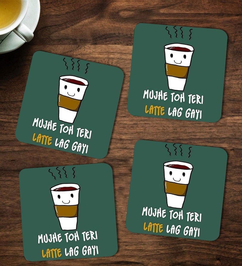ASHVAH Mujhe toh teri Latte lag gayi PrintTypography TeaCoffee MugDesigner Handmade Wooden Coaster Set for Home Kitchen Office Desk Set of 4 Square 10cm