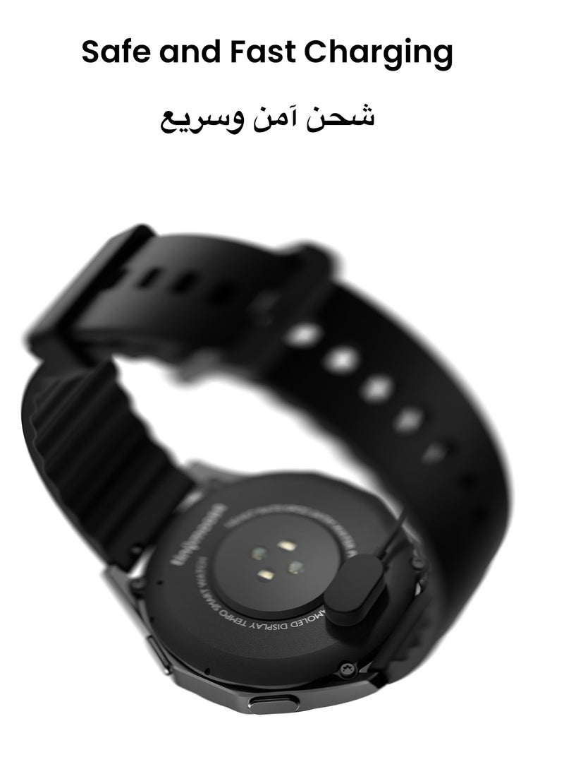 تاينيموس - ساعة ذكية أطلس | شاشة AMOLED فائقة الوضوح، نظام GPS، تتبع اللياقة بالذكاء الاصطناعي، عمر بطارية 15 يومًا، قياس نبض القلب وSpO2، مقاومة للماء حتى 30 مترًا، مكالمات بلوتوث، شاشة لمس سريعة الاستجابة، متوافق مع أندرويد وiOS – أسود ليلي - Image 1