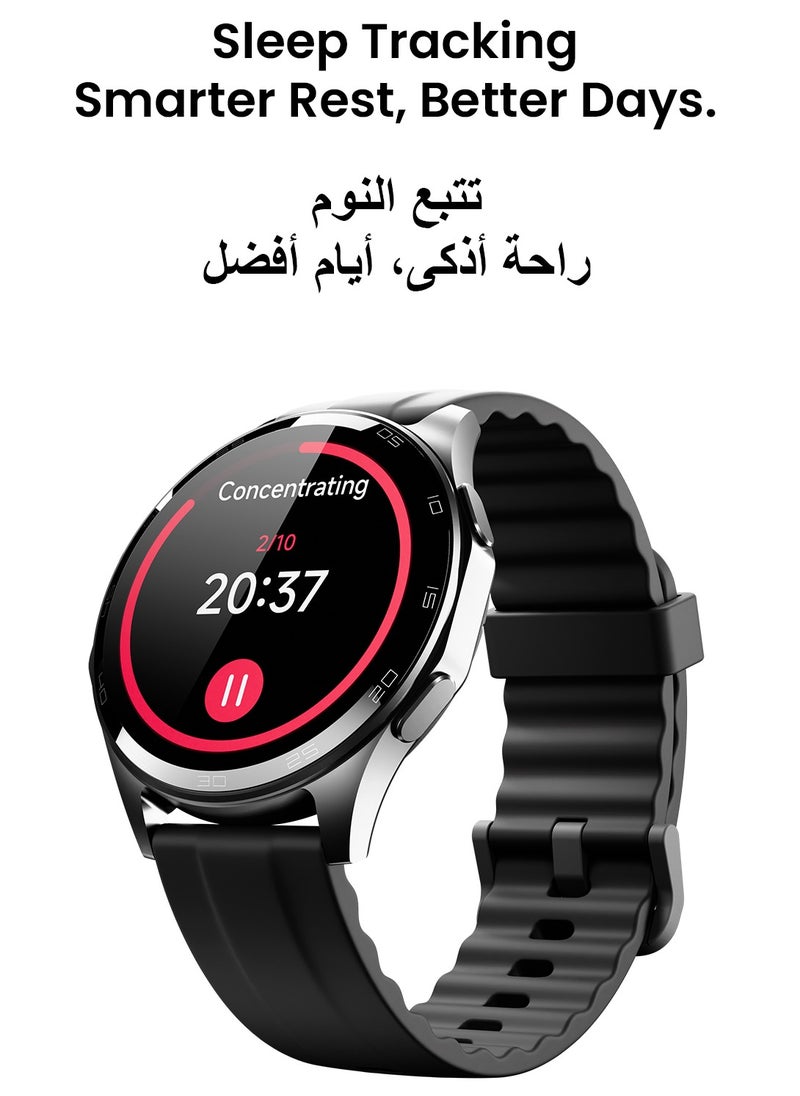 تاينيموس - ساعة ذكية أطلس | شاشة AMOLED فائقة الوضوح، نظام GPS، تتبع اللياقة بالذكاء الاصطناعي، عمر بطارية 15 يومًا، قياس نبض القلب وSpO2، مقاومة للماء حتى 30 مترًا، مكالمات بلوتوث، شاشة لمس سريعة الاستجابة، متوافق مع أندرويد وiOS – أسود ليلي - Image 1