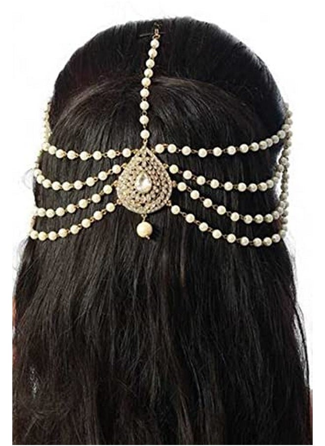 Handicraft Kottage - Handicraft Kottage Latest Hair Jewelry Traditional Gold Pearl Stylish Chain Mathapatti Maang Tikka Jewellery Set for Women & Girls - Image 1