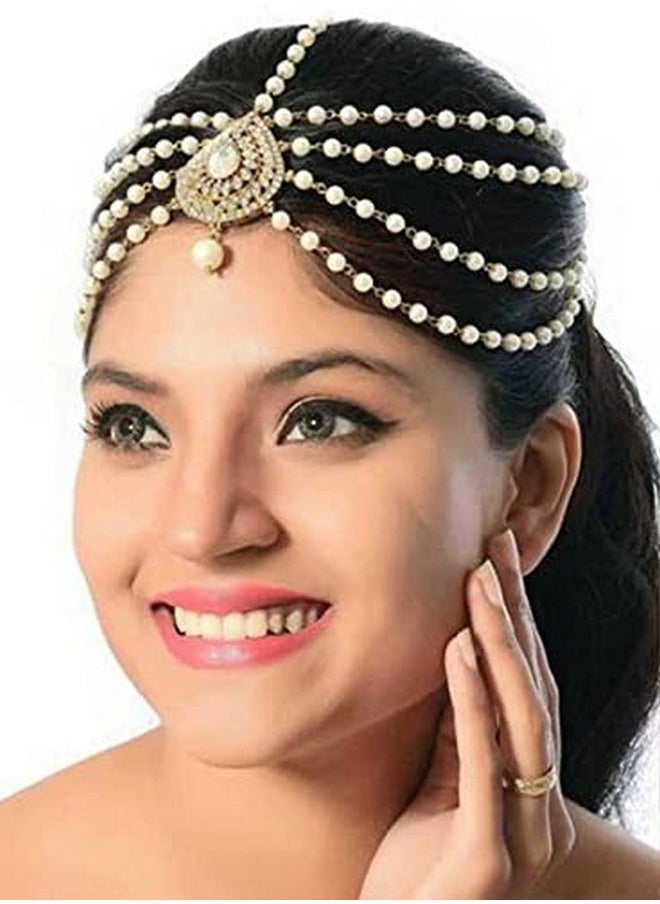 Handicraft Kottage - Handicraft Kottage Latest Hair Jewelry Traditional Gold Pearl Stylish Chain Mathapatti Maang Tikka Jewellery Set for Women & Girls - Image 1