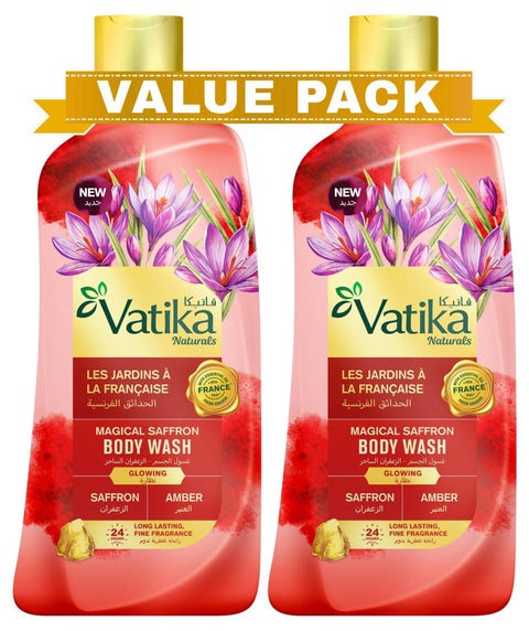 Vatika Naturals Magical Saffron Body Wash (2x250ml) Value Pack, 24 Hours Long Lasting Fine Fragrance, For Glowing Skin, With Essential Oils from France