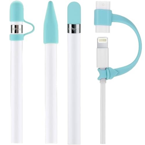 siduater [4-Pack] Silicone Protective Accessories for Apple Pencil 1st Generation, Includes 1 Apple Pencil Cap Replacements, Cap Holder, Tip Cover, Adapter Tether (Green) - Image 1