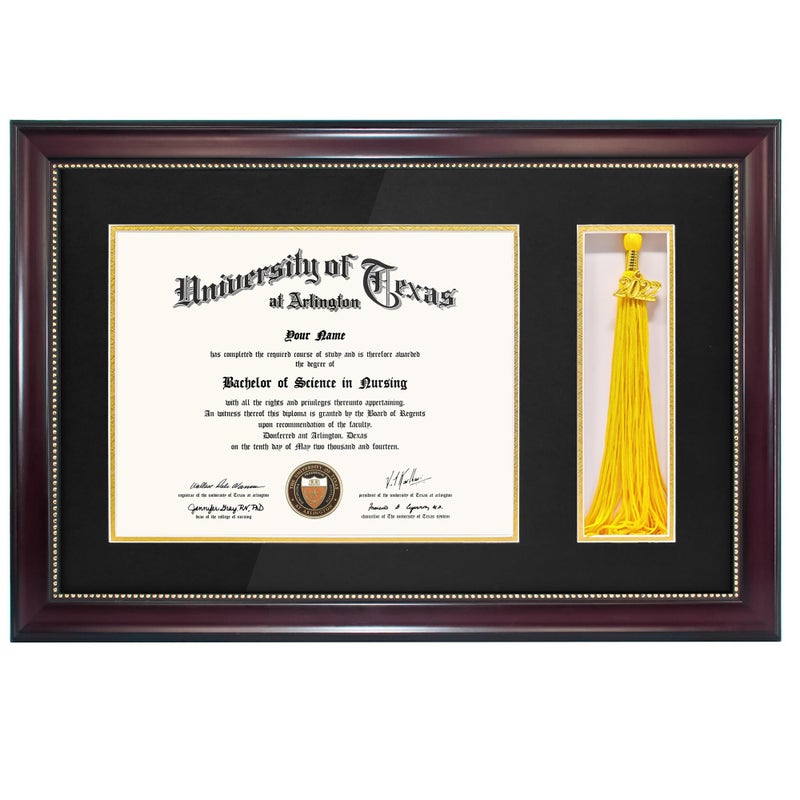 GraduationMall 11x17 Mahogany Diploma Frame with Tassel Holder for 8.5x11 Certificate Document,Real Glass, Black over Gold Mat - Image 1