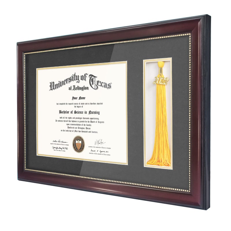 GraduationMall 11x17 Mahogany Diploma Frame with Tassel Holder for 8.5x11 Certificate Document,Real Glass, Black over Gold Mat - Image 2