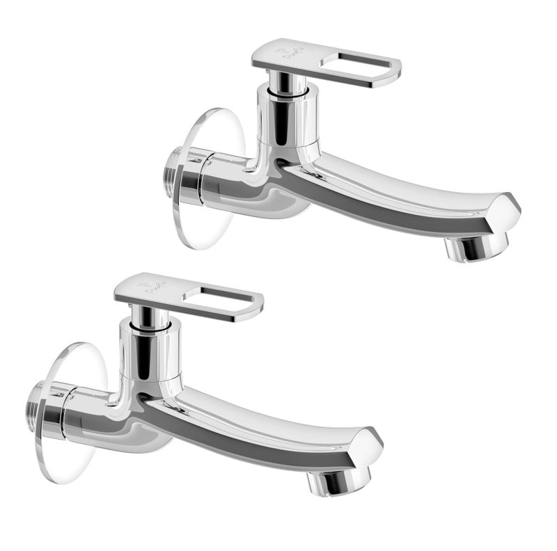 Pixaflo Concave-A Brass Long Body Bib Cock Tap with Wall Flange (Pack of 2) (Chrome) - Image 1