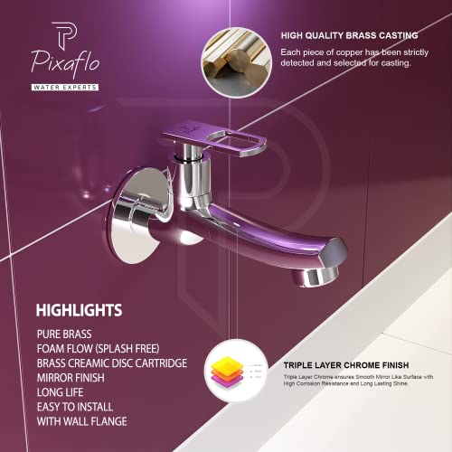 Pixaflo Concave-A Brass Long Body Bib Cock Tap with Wall Flange (Pack of 2) (Chrome) - Image 3