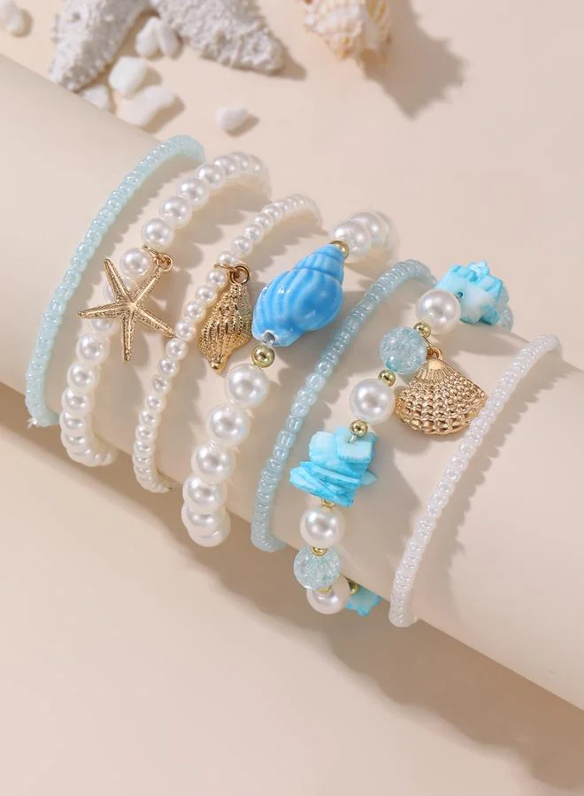 Pack of 7 - Girls Blue Seashell and Starfish Charms Beaded Bracelets