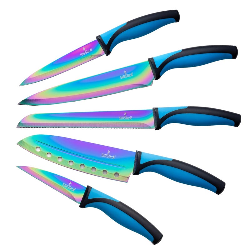 SiliSlick Kitchen Knife Set Stainless Steel Rainbow Titanium Coated Sharp Blades Ergonomic Handles 5Piece Bundle Blue Handle