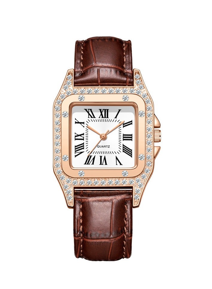Fashion Diamond Roman Square Women's Watch Leather Strap Quartz Women's Student Watch (Brown) - Image 1