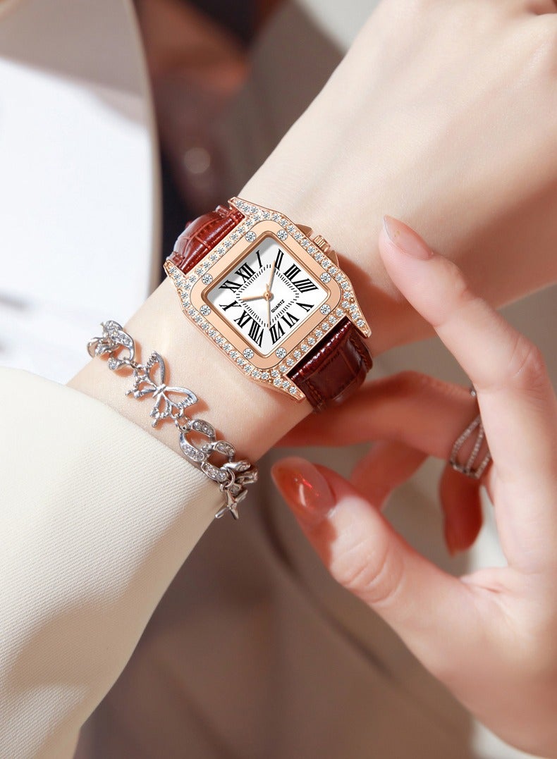 Fashion Diamond Roman Square Women's Watch Leather Strap Quartz Women's Student Watch (Brown) - Image 4