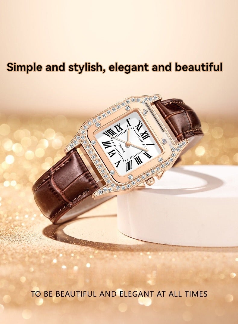Fashion Diamond Roman Square Women's Watch Leather Strap Quartz Women's Student Watch (Brown) - Image 2