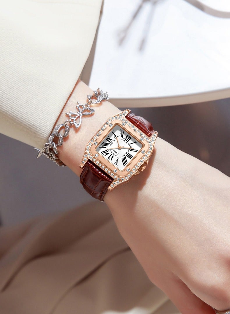 Fashion Diamond Roman Square Women's Watch Leather Strap Quartz Women's Student Watch (Brown) - Image 5