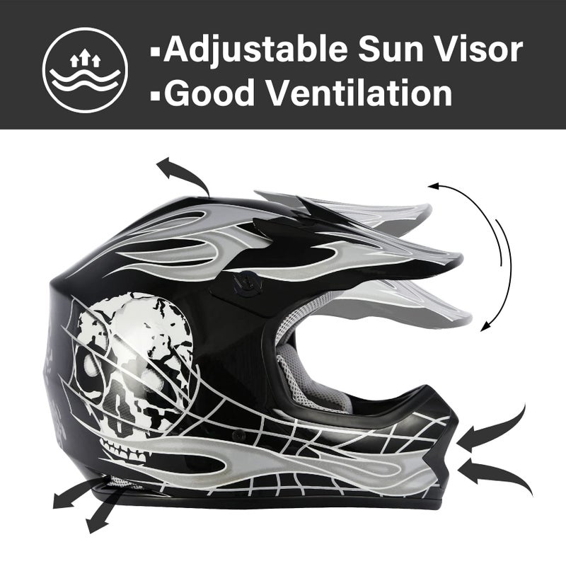 XFMT Kids Dirt Bike Helmet Youth Motorcycle Helmet DOT-Certified Full Face Helmets for Motocross ATV Off-Road Street Bike with Goggles & Gloves, Black Skull Medium - Image 2