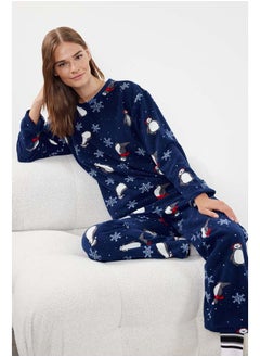 trendyol Navy Penguin/Winter Patterned Fleece Winter Knitted Pajamas Set Thmaw25Pt00060  - Image 1