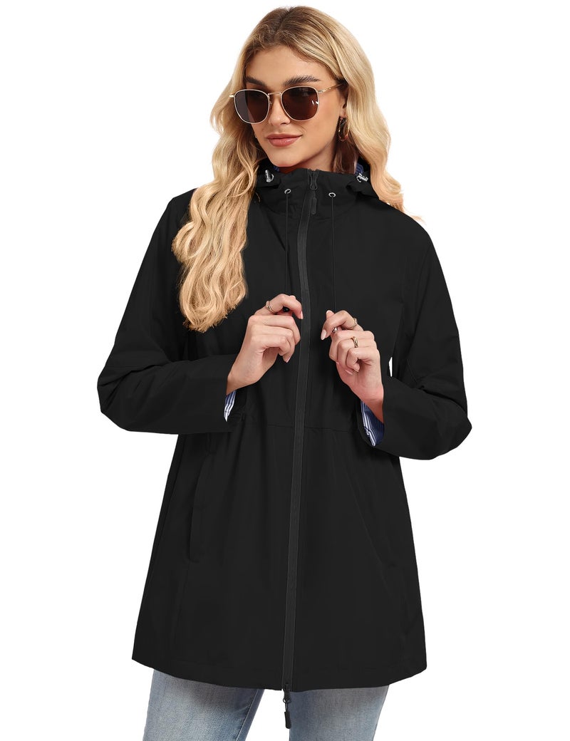 TCOT Women's Striped Lined Raincoats Waterproof Hooded Rain Jacket Active Windbreaker Jackets Long Trench Coat Black XL - Image 5