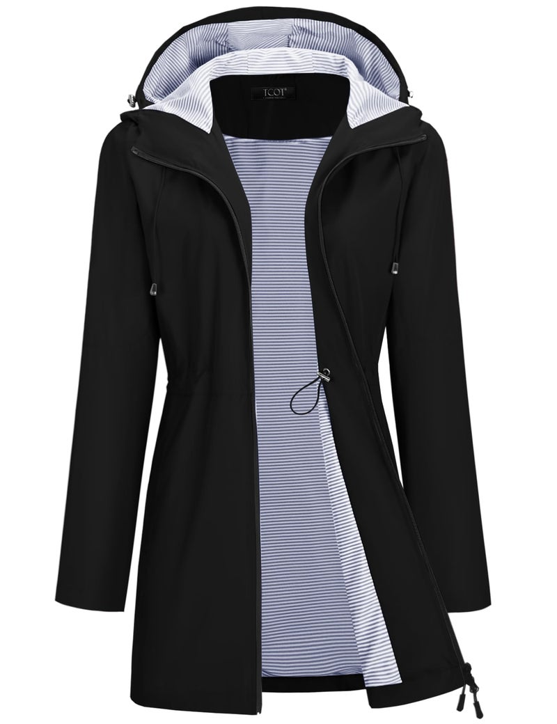TCOT Women's Striped Lined Raincoats Waterproof Hooded Rain Jacket Active Windbreaker Jackets Long Trench Coat Black XL - Image 1