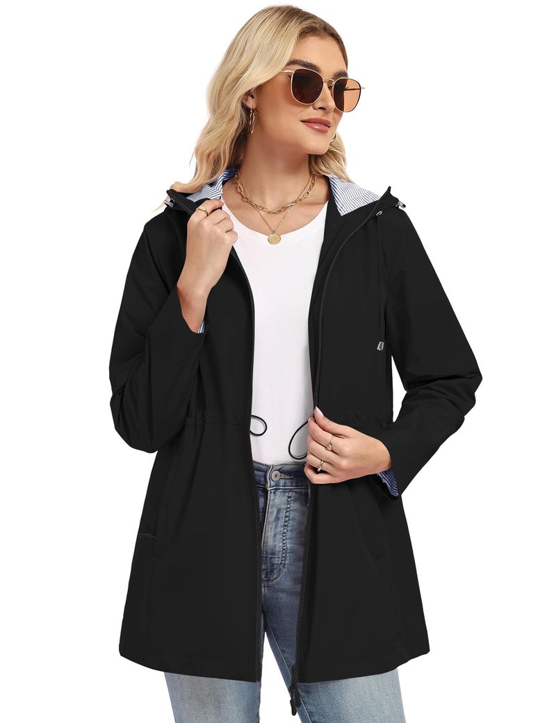 TCOT Women's Striped Lined Raincoats Waterproof Hooded Rain Jacket Active Windbreaker Jackets Long Trench Coat Black XL - Image 4