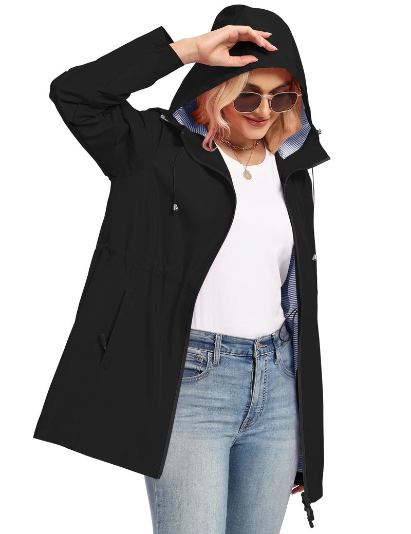 TCOT Women's Striped Lined Raincoats Waterproof Hooded Rain Jacket Active Windbreaker Jackets Long Trench Coat Black XL - Image 2