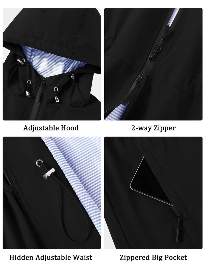 TCOT Women's Striped Lined Raincoats Waterproof Hooded Rain Jacket Active Windbreaker Jackets Long Trench Coat Black XL - Image 3