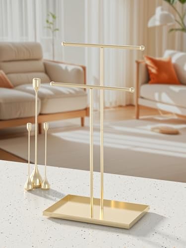 Coward 2 Tier Necklace Stand, Aesthetic Necklace Jewelry Holder, Home Decor Necklace Organizer Stand, Metal Necklace Bracelet Display Rack for Men Women (Gold) - Image 3